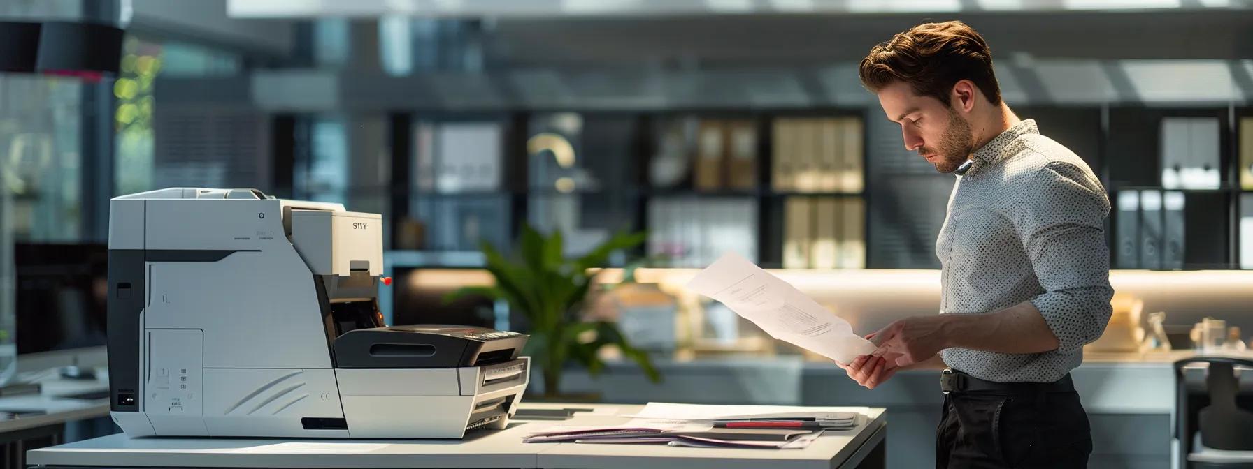 a sleek office environment showcases a professional technician inspecting a high-end copier, surrounded by neatly organized service tools and documents, emphasizing the importance of maintenance and support in leasing plans.