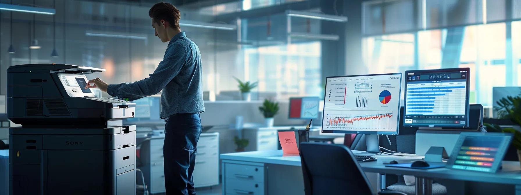 a sleek office environment showcases a technician inspecting a high-tech printer and copier, highlighting the seamless integration of service and support in a leasing agreement, with vibrant efficiency charts displayed on digital screens in the background.