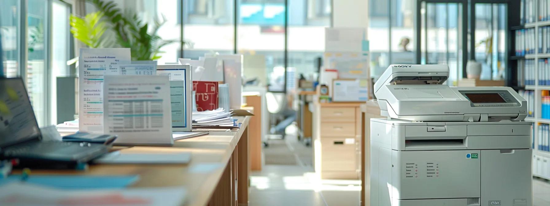 an insightful office scene showcasing a modern copier surrounded by various documents and a digital display showing lease terms and costs, conveying a professional atmosphere of business decision-making.