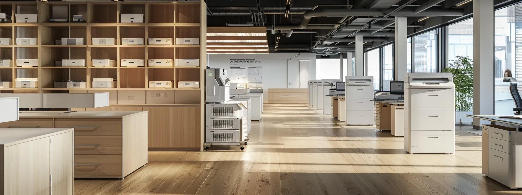 an ultra-modern office environment showcases sleek, high-performance copiers seamlessly integrated into streamlined workspaces, featuring innovative technology displays and advanced digital workflow systems to emphasize efficiency and adaptability in document handling.