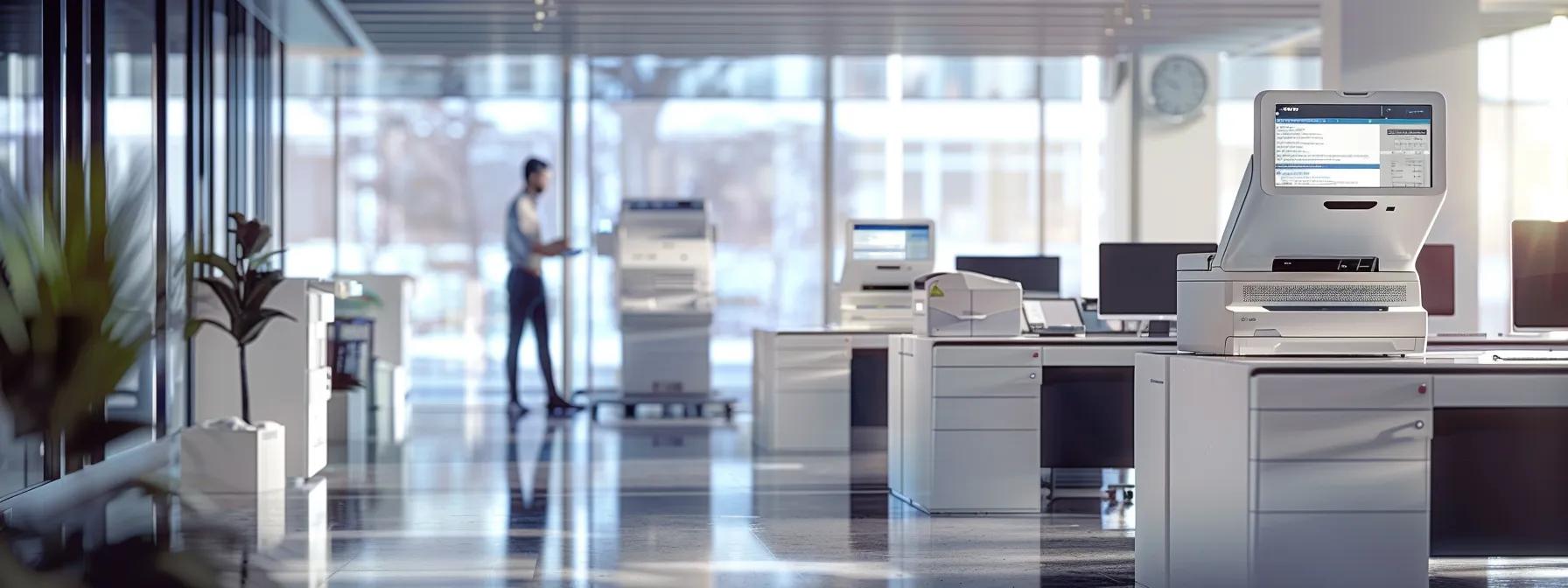 a modern office environment featuring sleek, multifunction printers in action, with a technician performing on-site maintenance while digital screens display system health diagnostics and software updates, all illuminated by bright, focused lighting to emphasize the efficient leasing service experience.