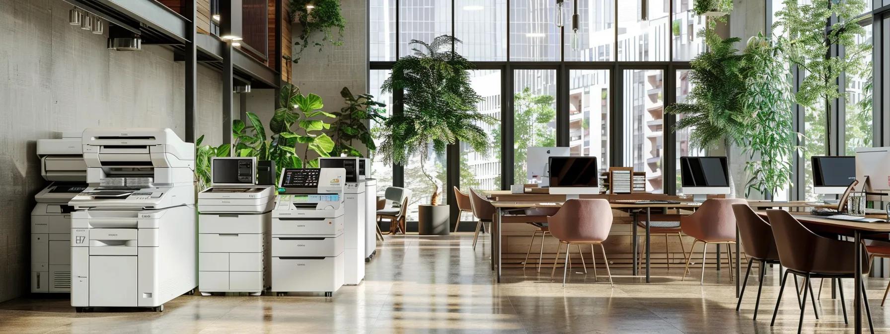 a modern office environment showcases a diverse array of sleek printers and copiers, including advanced multifunction systems and high-speed laser printers, arranged strategically to highlight their capabilities in a professional leasing setting.
