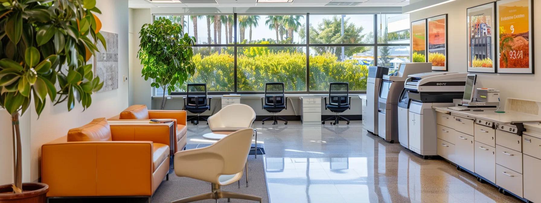 a modern office space in ventura features a sleek, multi-functional copier prominently displayed, surrounded by vibrant graphics illustrating the benefits of leasing over buying, with high-tech details and a tidy, professional aesthetic accentuated by stylish furniture and efficient lighting.