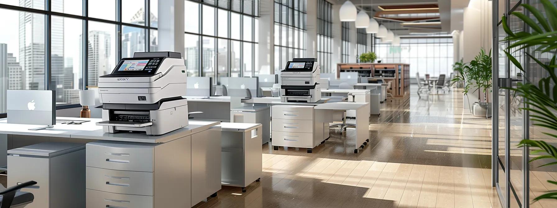 a modern, well-lit office space showcasing a selection of sleek, multifunction copiers from top brands like xerox, canon, hp, and ricoh, arranged prominently to highlight their functionality and appeal for diverse business needs.