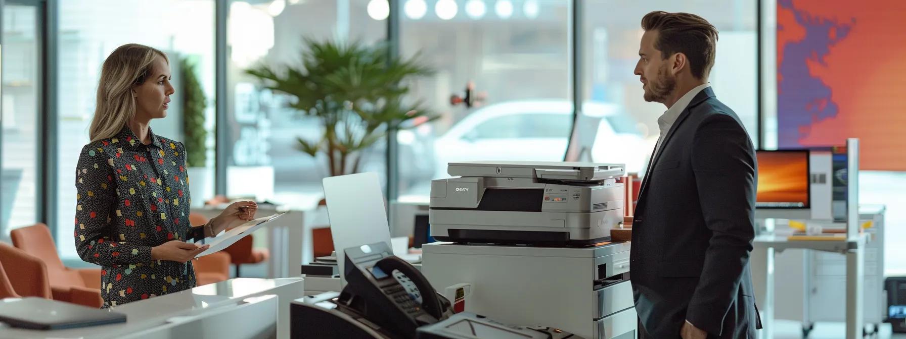 a sleek, modern office environment features a smartly dressed consultant discussing tailored leasing options for multifunction copiers with a business owner, surrounded by high-tech office equipment and vibrant branding elements.