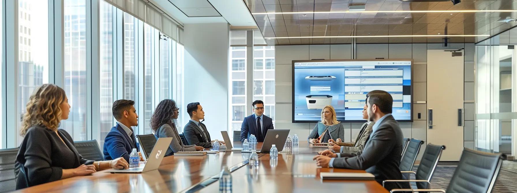 a sleek, modern office conference room features a presentation screen displaying various visually distinct copier leasing options, with executives engaged in a focused discussion around a polished conference table.